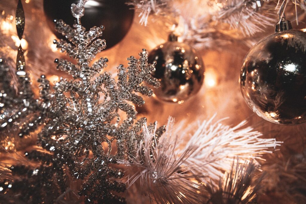 Warm Christmas scene with Silver and Gray Baubles