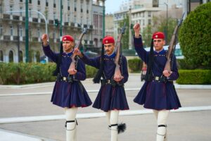 At the Tomb of the Unknown Soldier in Athens, the Evzones perform a precise and symbolic changing of the guard—each measured step a tribute to those who gave their lives for Greece.