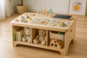 découvrez notre table d'activités pour enfants de 1 à 3 ans, équipée d'un espace de rangement pratique pour stimuler la créativité et garder les jouets bien organisés.