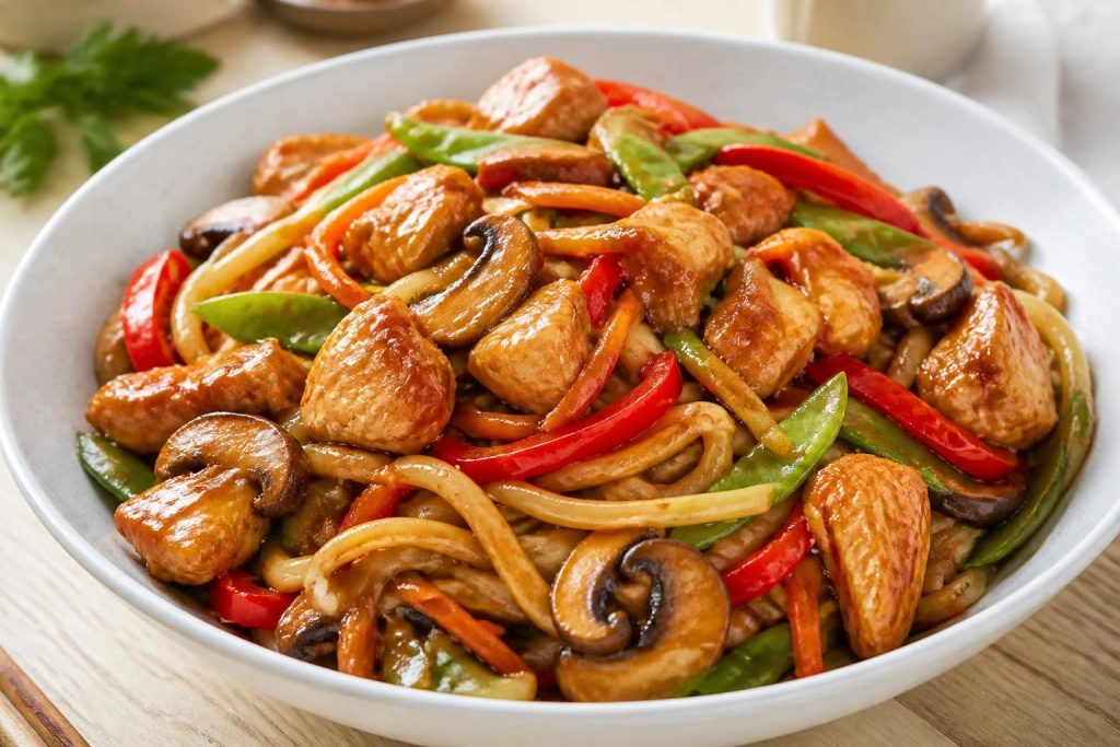 découvrez notre recette savoureuse de wok au poulet, légumes croquants, nouilles et sauce soja, idéale pour un repas rapide et équilibré.