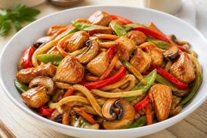 découvrez notre recette savoureuse de wok au poulet, légumes croquants, nouilles et sauce soja, idéale pour un repas rapide et équilibré.